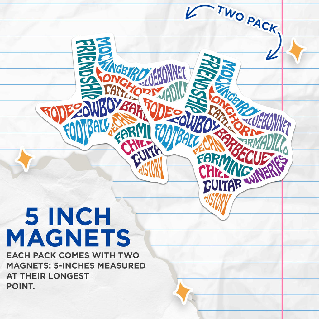 (2 Pack) Texas Word Art Magnets - State Pride Decor - Lone Star State Souvenir - 5" On Longest Side - Premium Magnet - for Cars, Refrigerators, Toolboxes, Lockers - Made in USA - MAG18521