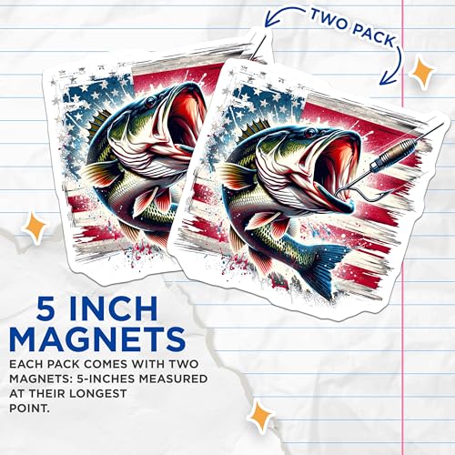 (2 Pack) American Flag Bass Fishing Magnets Magnets - Patriotic Fishing Decor - 5" On Longest Side - Made in USA - Sticks to Refrigerators & Metal Surfaces - MAG8589