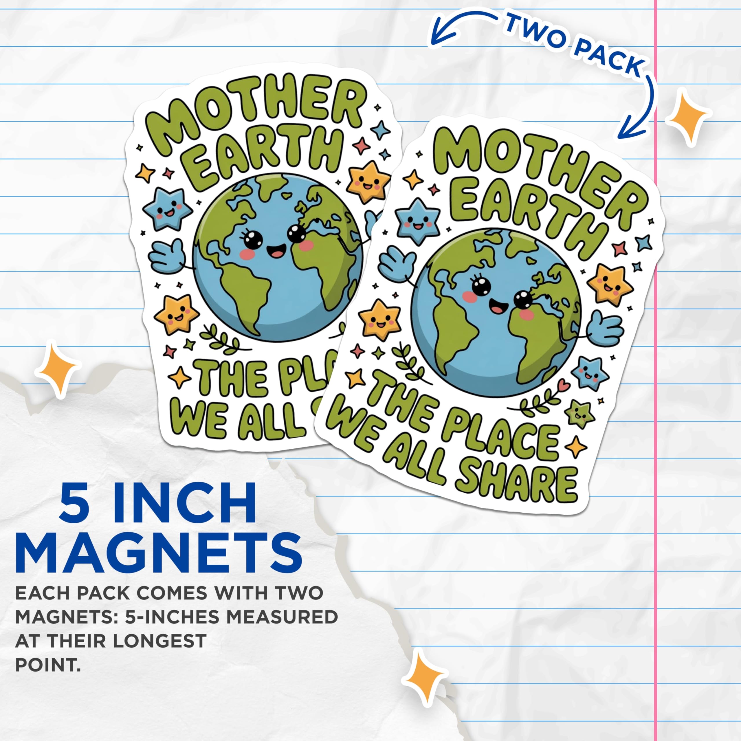 (2 Pack) Mother Earth Magnets - Happy Planet Decor - Earth Day Awareness - Global Unity Display - 5 Inches On Longest Side - Thick Durable Magnet - Made in USA - MAG22141