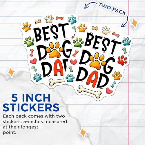 (2 Pack) Best Dog Dad Stickers - Pet Lover Decals - Dog Paw Print - 5" On Longest Side - Sticks to Smooth Flat Surfaces - Made in USA - BMCS7485