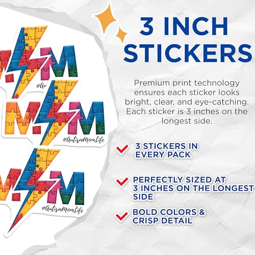 (3 Pack) Autism Mom Life Decals - Puzzle Piece Decal - Lightning Bolt Decals- 3 Inches On Longest Side - Easy Peel & Apply - Made in USA - 3MCS5954