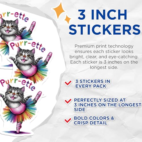 (3 Pack) Ballerina Cat Decals - Funny Cat Sticker - Rainbow Tutu Laptop Decal - 3 Inches On Longest Side - Easy Peel & Apply - Made in USA - 3MCS7923