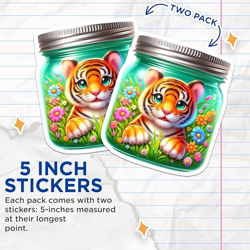 (2 Pack) Cute Tiger Stickers - Adorable Animal Decal - Tiger in Jungle Art - 5" On Longest Side - Sticks to Smooth Flat Surfaces - Made in USA - BMCS9365