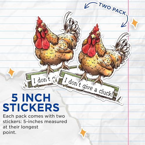 (2 Pack) Funny Chicken Stickers - I Don't Give A Cluck Stickers - Farm Animal Humor Stickers - 5" On Longest Side - Sticks to Any Smooth Flat Surface - Made in USA - BMCS2597