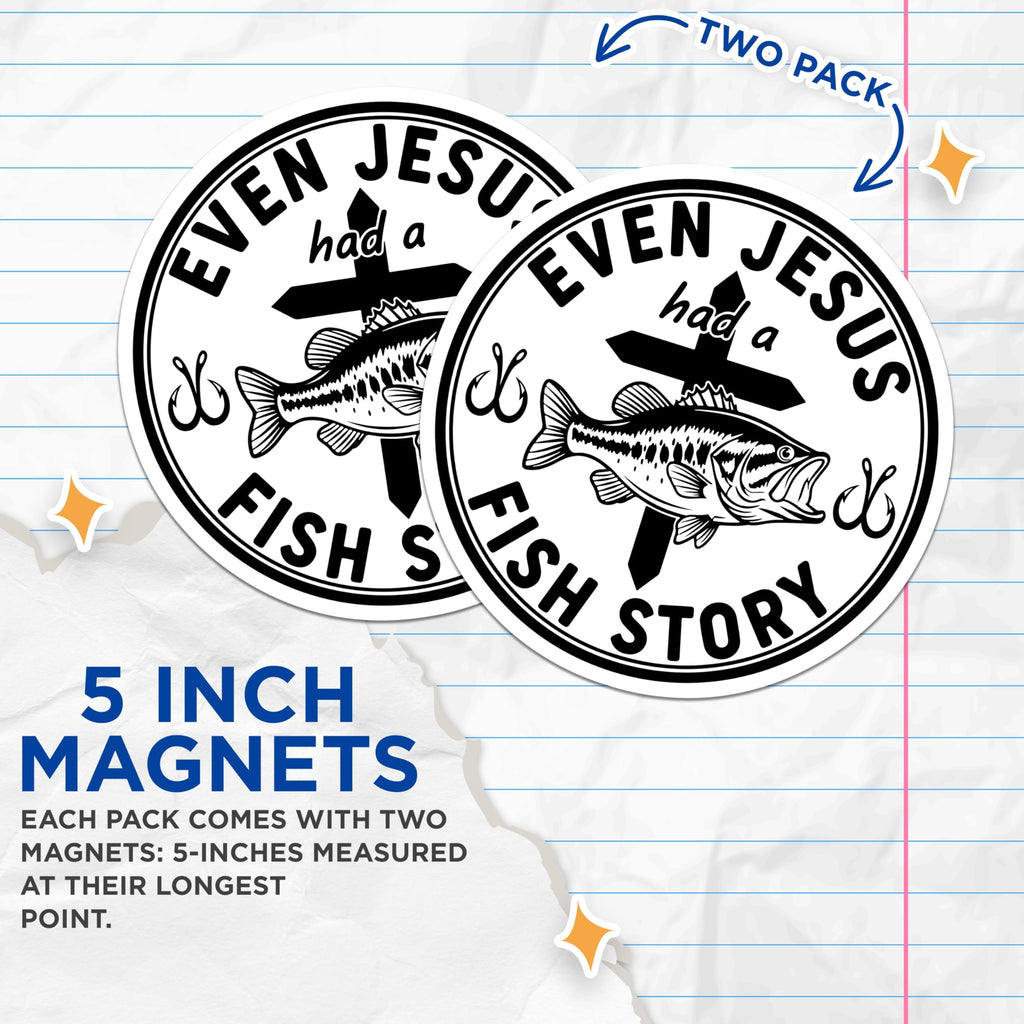 (2 Pack) Fishing Magnets - Religious Fish Story - Christian Angler Decor - 5" On Longest Side - Premium Magnet - for Cars, Refrigerators, Toolboxes, Lockers - Made in USA - MAG15587