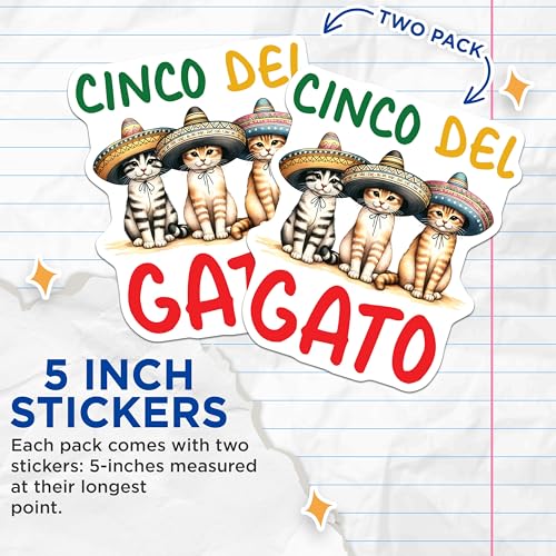 (2 Pack) Cinco Del Gato Stickers - Cute Cat Sticker - Sombrero Cat Sticker - 5" On Longest Side - Sticks to Smooth Flat Surfaces - Made in USA - BMCS9759