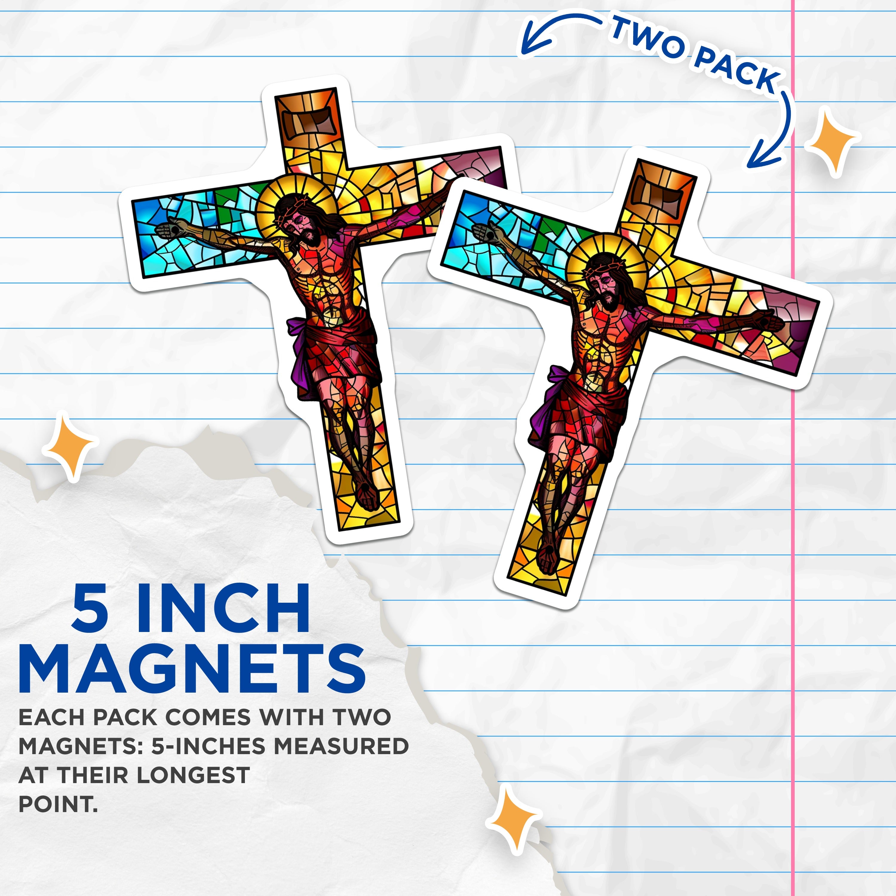 (2 Pack) Stained Glass Jesus Magnets - Crucifixion Religious Decor - Christian Faith Symbol Holy Cross Refrigerator - 5 Inches On Longest Side - Thick Durable Magnet - Made in USA - MAG39214