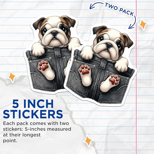 (2 Pack) Cute Bulldog Stickers - Dog Lover Decal - Adorable Puppy Sticker - 5" On Longest Side - Sticks to Smooth Flat Surfaces - Made in USA - BMCS3954