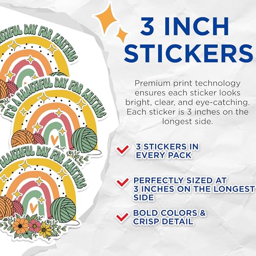 (3 Pack) Knitting Decals - Beautiful Day Rainbow - Yarn Lover Stickers - 3 Inches On Longest Side - Easy Peel & Apply - Made in USA - 3MCS1357