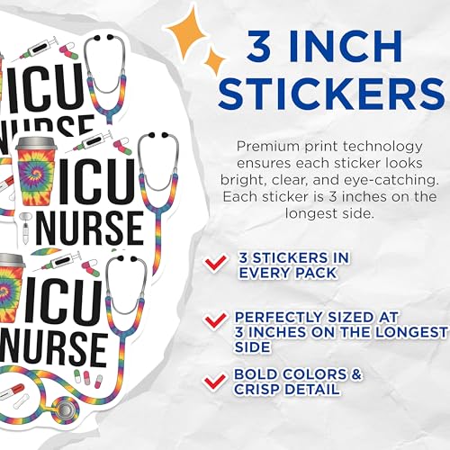 (3 Pack) ICU Nurse Decals - Tie Dye Coffee - Stethoscope Decals- 3 Inches On Longest Side - Easy Peel & Apply - Made in USA - 3MCS5354
