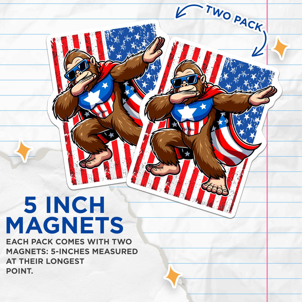 (2 Pack) Dabbing Bigfoot Magnets - Patriotic Sasquatch Character - American Flag Superhero Decor - 5 Inches On Longest Side - Thick Durable Magnet - Made in USA - MAG22895