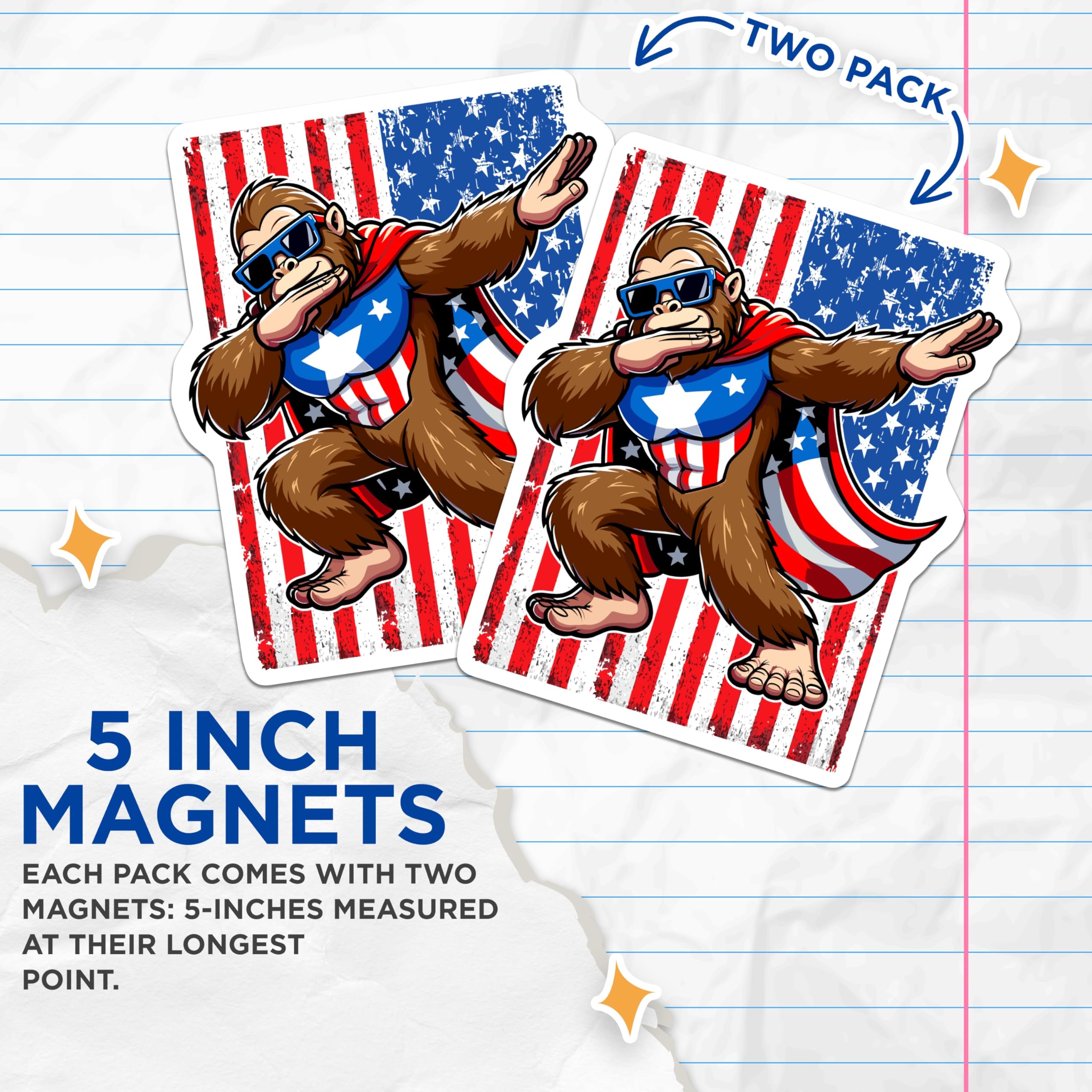 (2 Pack) Dabbing Bigfoot Magnets - Patriotic Sasquatch Character - American Flag Superhero Decor - 5 Inches On Longest Side - Thick Durable Magnet - Made in USA - MAG22895