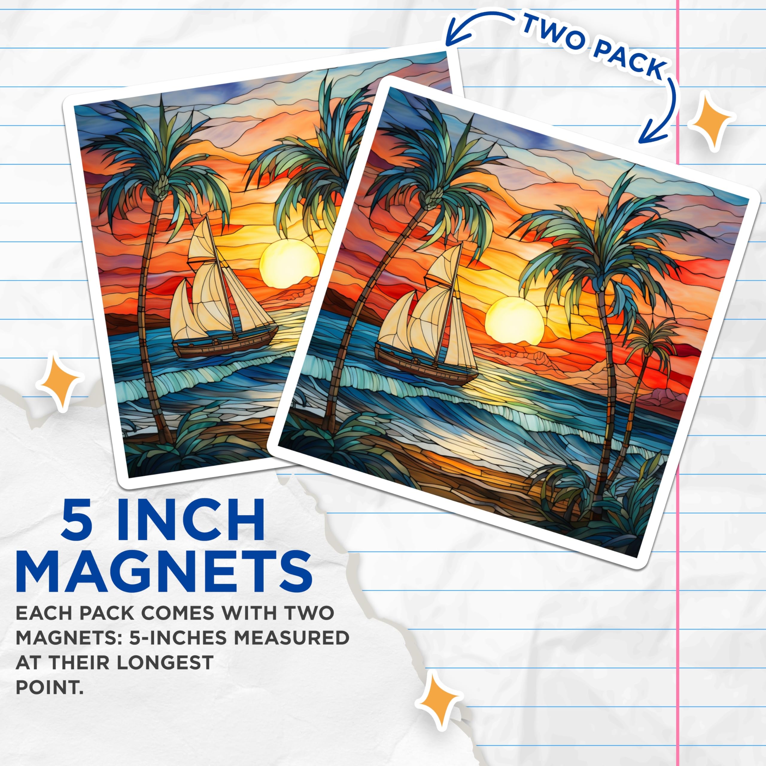 (2 Pack) Stained Glass Sunset Magnets - Tropical Beach Decor - Ocean Sailboat Art - Coastal Vibes - 5 Inches On Longest Side - Thick Durable Magnet - Made in USA - MAG25854