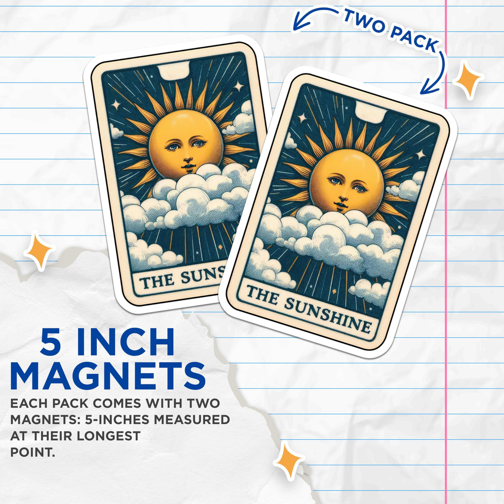 (2 Pack) The Sunshine Tarot Magnets - Celestial Sun Face Art - Mystical Divination Card Decor - 5 Inches On Longest Side - Thick Durable Magnet - Made in USA - MAG21363
