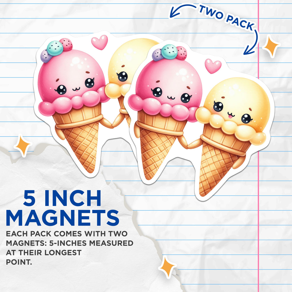 (2 Pack) Kawaii Ice Cream Magnets - Sweet Couple Decor - Valentine's Day Fridge Magnets - 5 Inches On Longest Side - Thick Durable Magnet - Made in USA - MAG38629