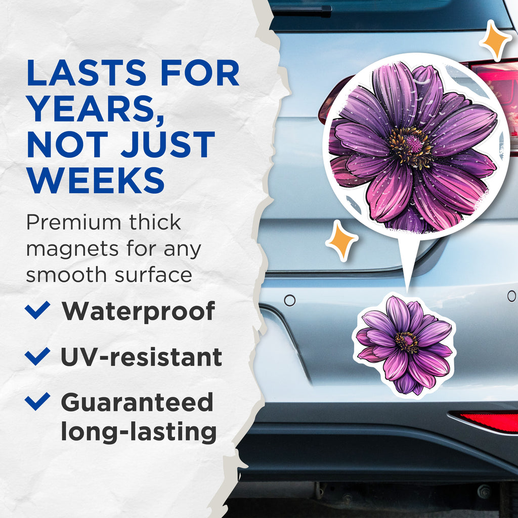(2 Pack) Purple Dahlia Flower Magnets - Vibrant Botanical Decor - Refrigerator Locker Decor - Office Art - 5 Inches On Longest Side - Thick Durable Magnet - Made in USA - MAG38170