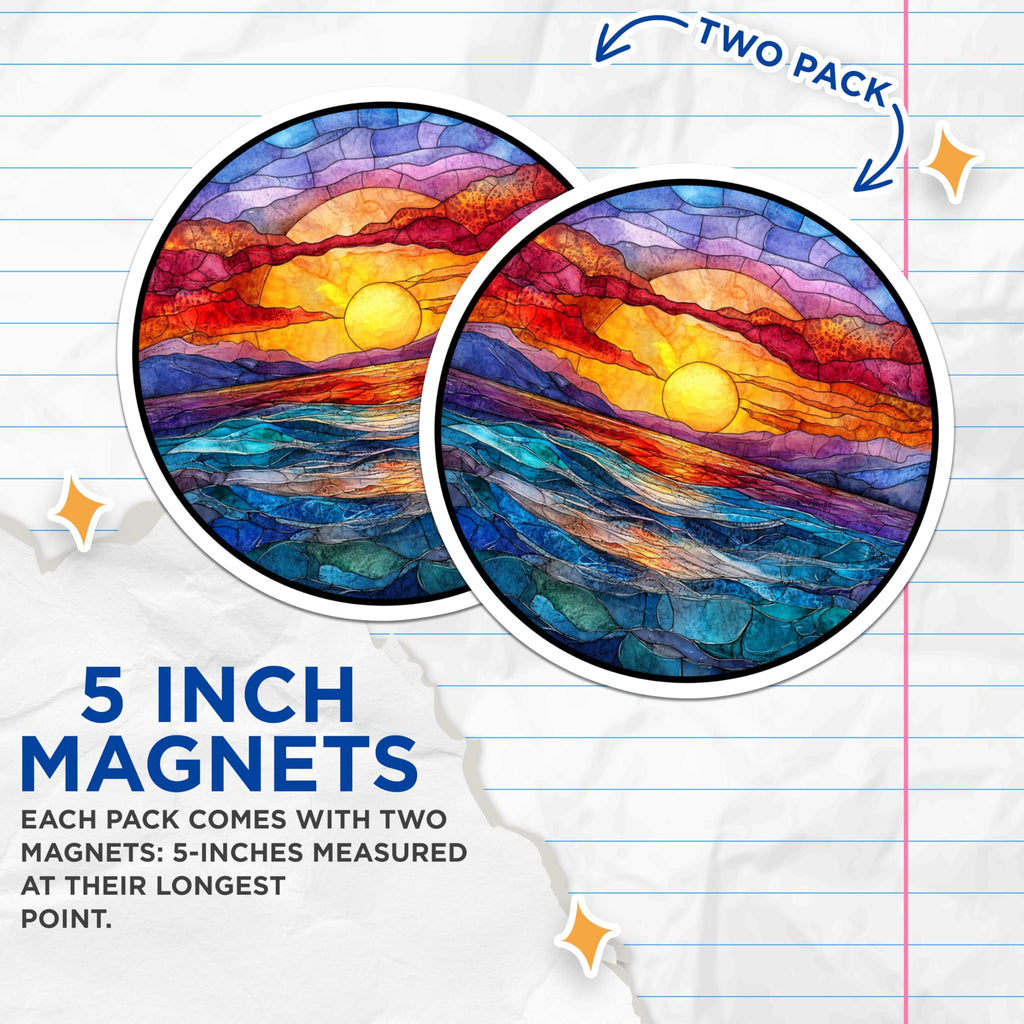 (2 Pack) Stained Glass Sunset Magnets - Watercolor Ocean Mountain Art - Coastal Kitchen Decor - 5 Inches On Longest Side - Thick Durable Magnet - Made in USA - MAG26989