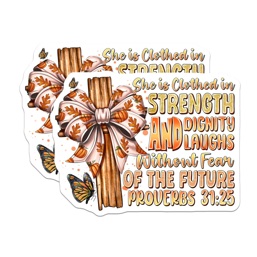 (2 Pack) Proverbs 31 25 Magnets - Christian Scripture Quote - Inspirational Fall Autumn Decor - Monarch Butterfly Faith Art - 5 Inches On Longest Side - Thick Durable Magnet - Made in USA - MAG24389