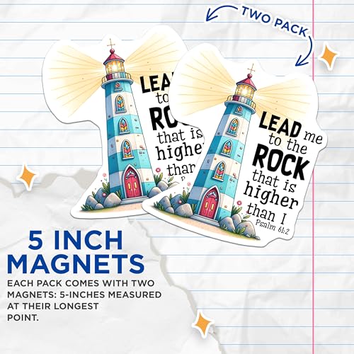 (2 Pack) Lead Me to The Rock Magnets - Inspirational Quote - Lighthouse Decor - Faith Encouragement - 5" On Longest Side - for Cars, Fridges, Toolboxes - Made in USA - MAG8093
