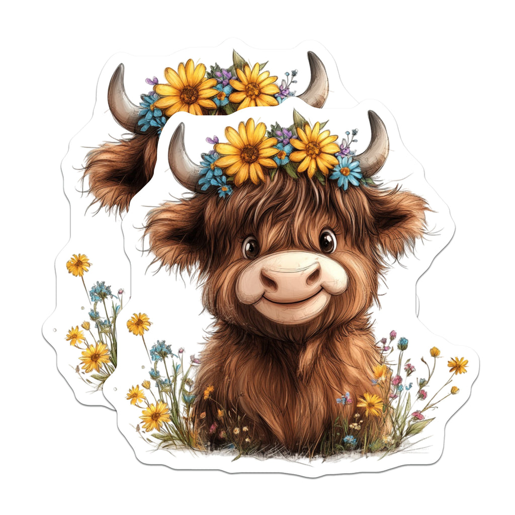 (2 Pack) Highland Cow Magnets - Flower Crown Decor - Cute Farmhouse Kitchen Fridge - Whimsical Animal Illustration - 5 Inches On Longest Side - Thick Durable Magnet - Made in USA - MAG39610