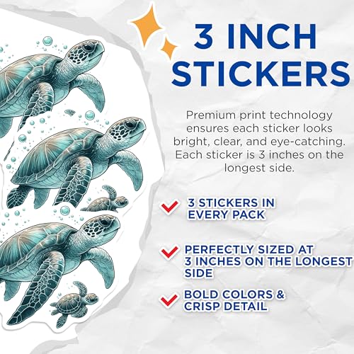 (3 Pack) Sea Turtle Decals - Ocean Turtle Sticker - Laptop Decal - 3 Inches On Longest Side - Easy Peel & Apply - Made in USA - 3MCS0090