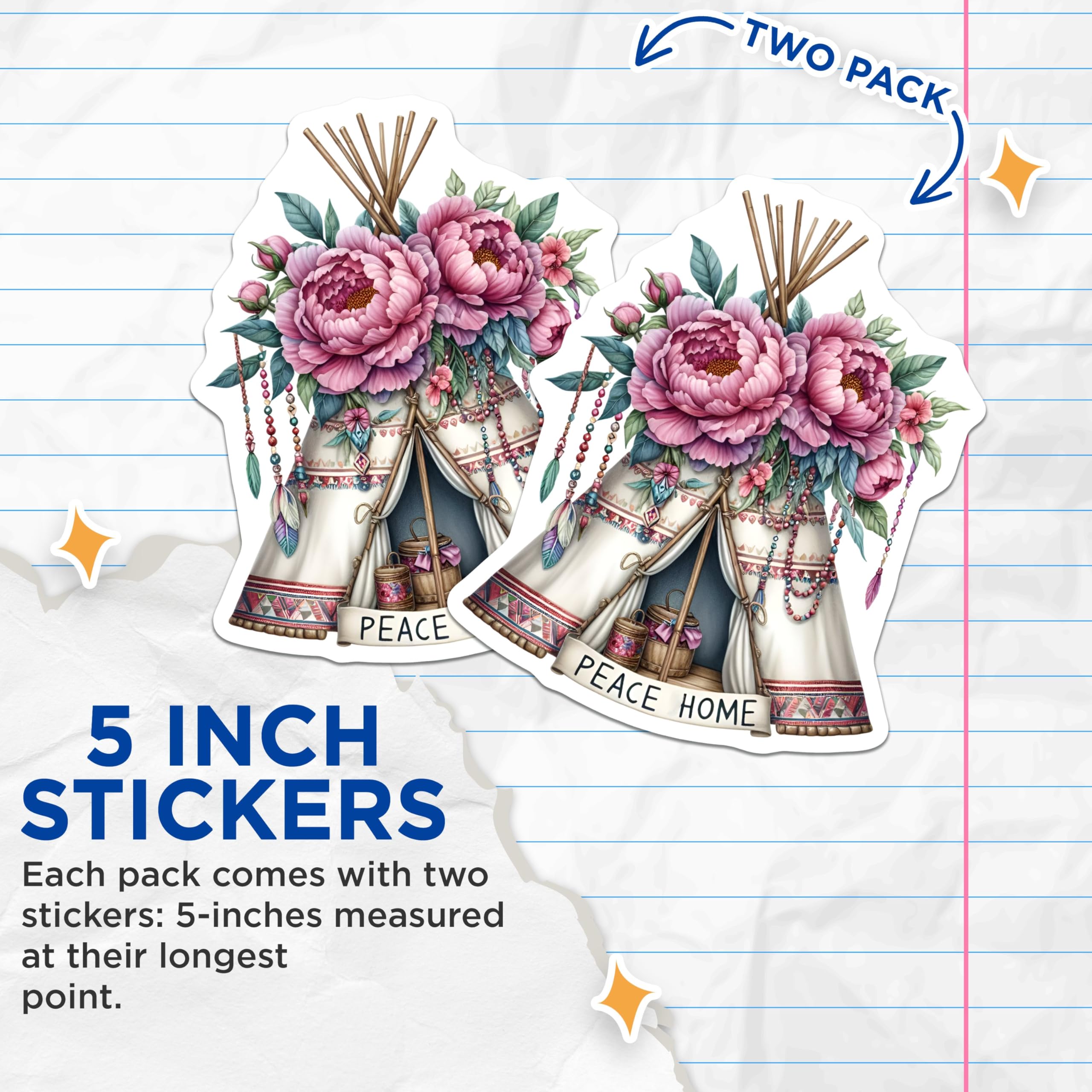 (2 Pack) Peace Home Stickers - Flower Teepee - Boho Art - 5" On Longest Side - Sticks to Smooth Flat Surfaces - Made in USA - BMCS8862 - Floral Accessories for Decor - Hippie Aesthetic