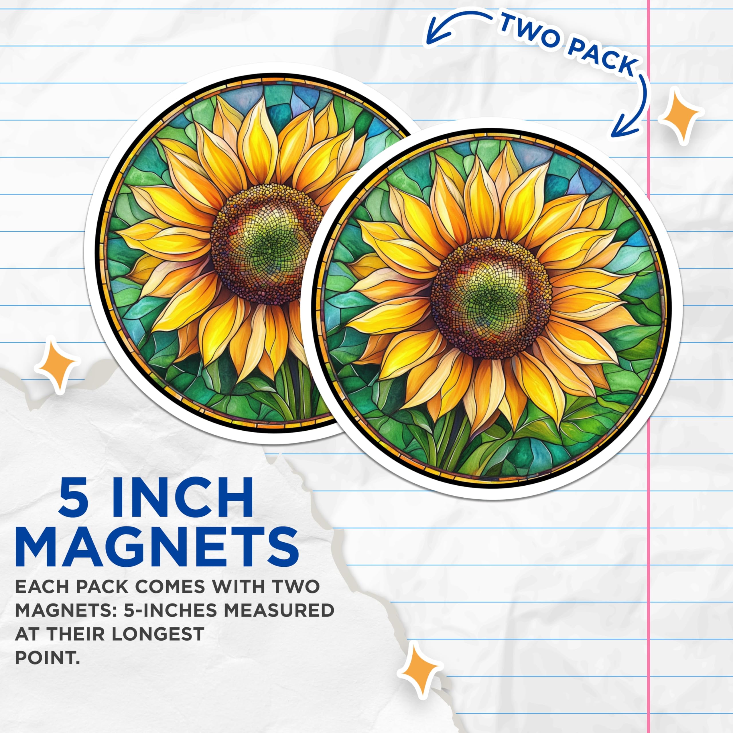 (2 Pack) Stained Glass Sunflower Magnets - Floral Kitchen Decor - Cheerful Fridge Accessory - Sunny Garden Art - 5 Inches On Longest Side - Thick Durable Magnet - Made in USA - MAG25314