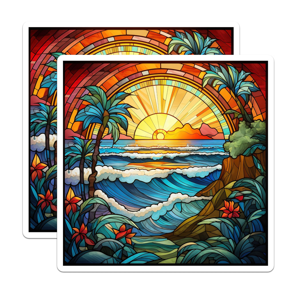 (2 Pack) Stained Glass Ocean Magnets - Tropical Beach Scene Art - Vibrant Sunset Palm Trees - Hawaiian Coastal Decor - 5 Inches On Longest Side - Thick Durable Magnet - Made in USA - MAG23382