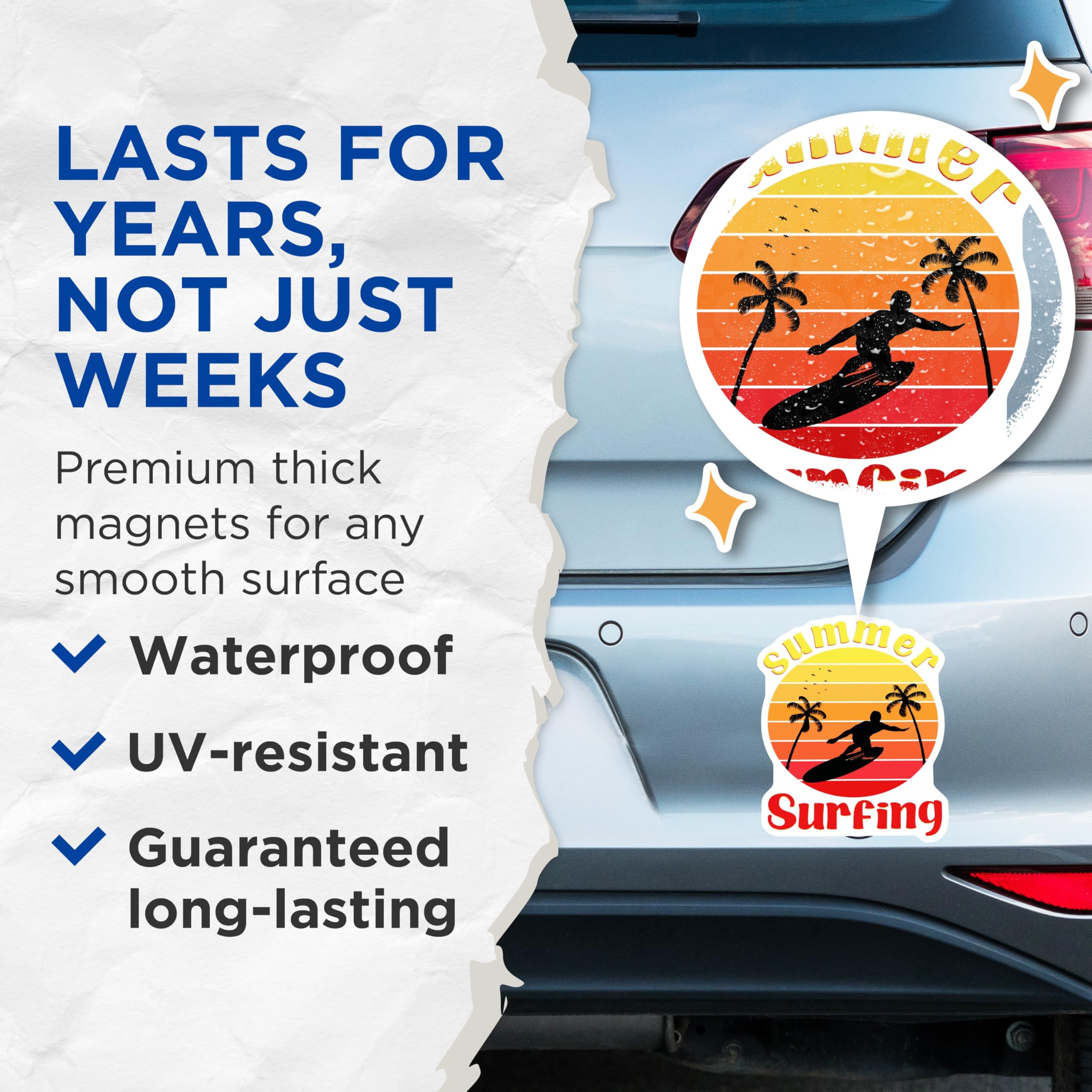 (2 Pack) Summer Surfing Magnets - Retro Sunset Surfer Silhouette - Tropical Palm Tree Ocean Beach Scene Decor - 5 Inches On Longest Side - Thick Durable Magnet - Made in USA - MAG21422