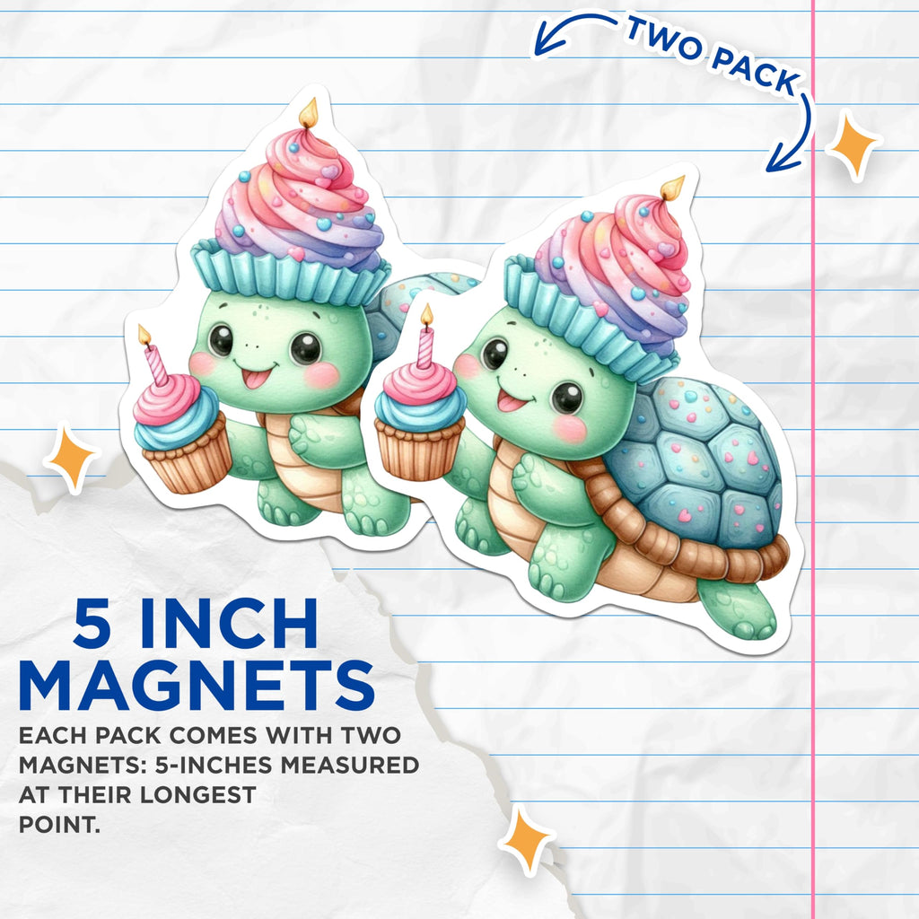 (2 Pack) Adorable Birthday Turtle Magnets - Sweet Cupcake Animal Refrigerator Decor - Kawaii Reptile Locker Accessories - 5 Inches On Longest Side - Thick Durable Magnet - Made in USA - MAG21749