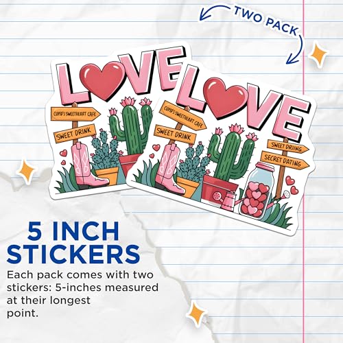 (2 Pack) Love Cactus Stickers - Cute Valentines Stickers - Romantic Plant Decor Sticker - 5" On Longest Side - Sticks to Smooth Flat Surfaces - Made in USA - BMCS4389