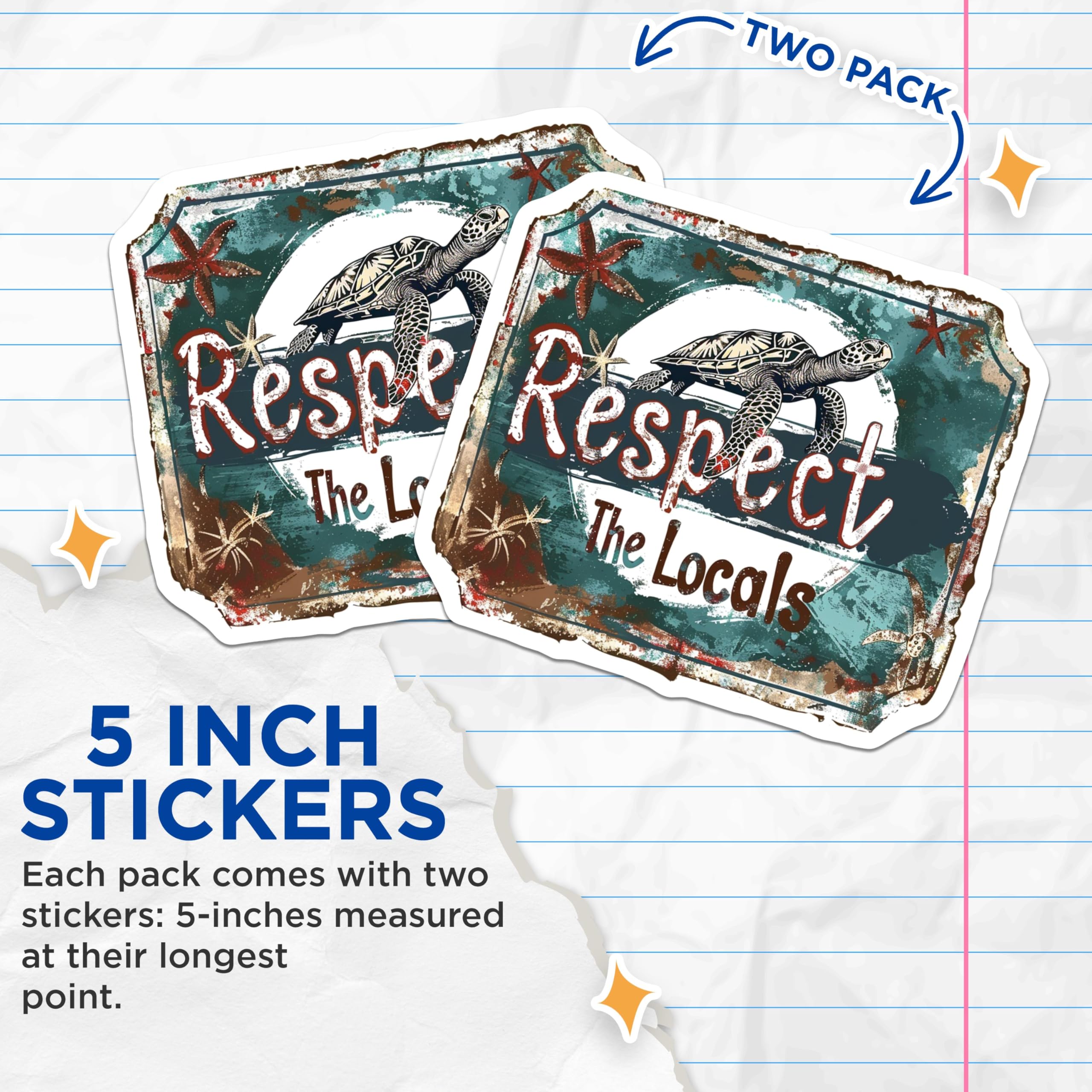 (2 Pack) Respect The Locals Stickers - Sea Turtle Stickers - Environmental Awareness Stickers - 5" On Longest Side - Sticks to Any Smooth Flat Surface - Made in USA - BMCS3059