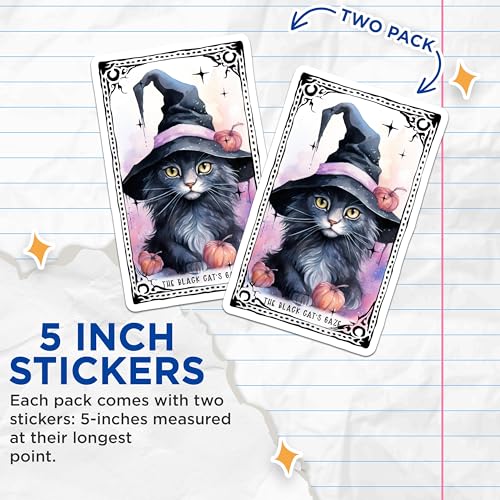 (2 Pack) Black Cat Gaze Stickers - Witch Hat Cat Stickers - Halloween Pumpkin Stickers - 5" On Longest Side - Sticks to Any Smooth Flat Surface - Made in USA - BMCS3587