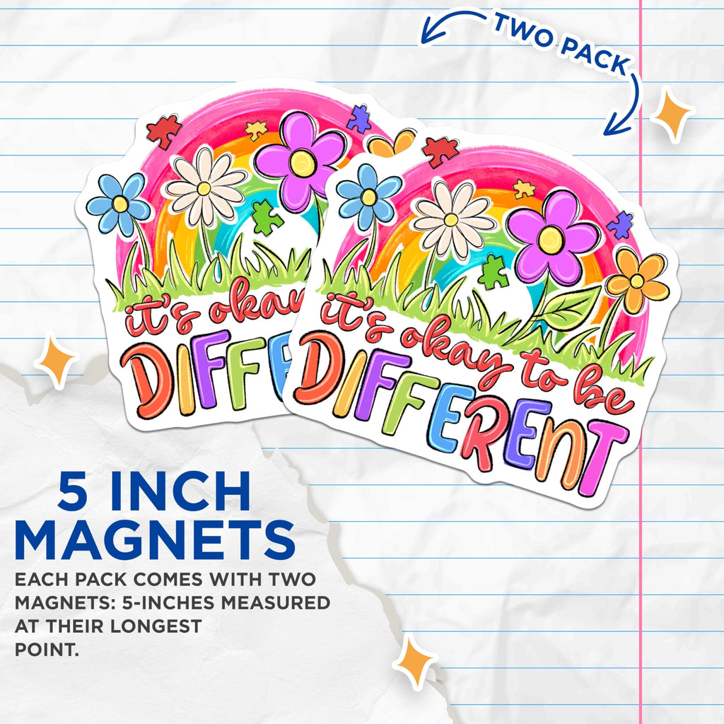 (2 Pack) Autism Acceptance Magnets - Neurodiversity Rainbow - Different is Okay Affirmation - 5 Inches On Longest Side - Thick Durable Magnet - Made in USA - MAG30922