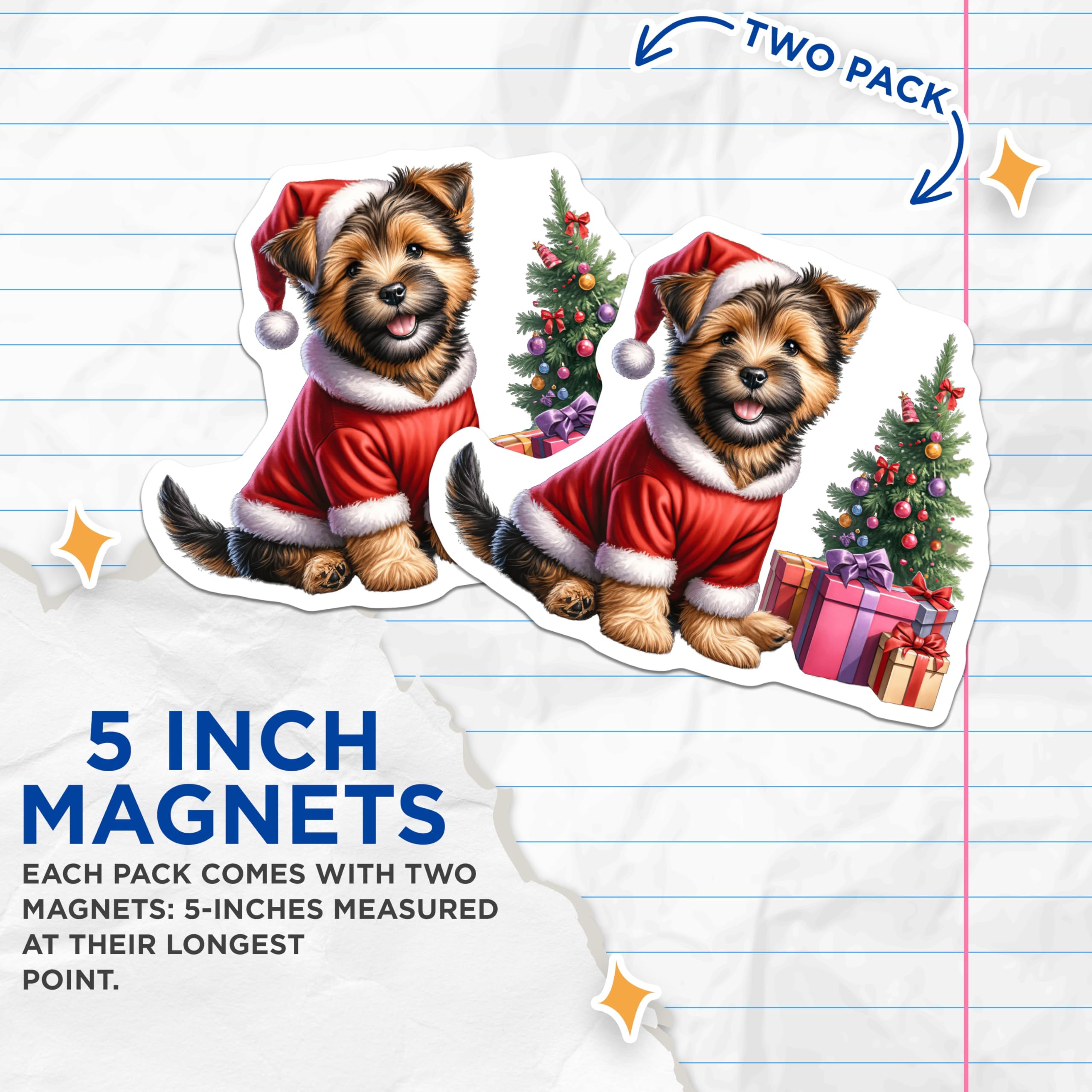 (2 Pack) Christmas Puppy Magnets - Santa Dog Holiday Decor - Festive Yorkie Pet Art - Refrigerator Locker Accent - 5 Inches On Longest Side - Thick Durable Magnet - Made in USA - MAG24443