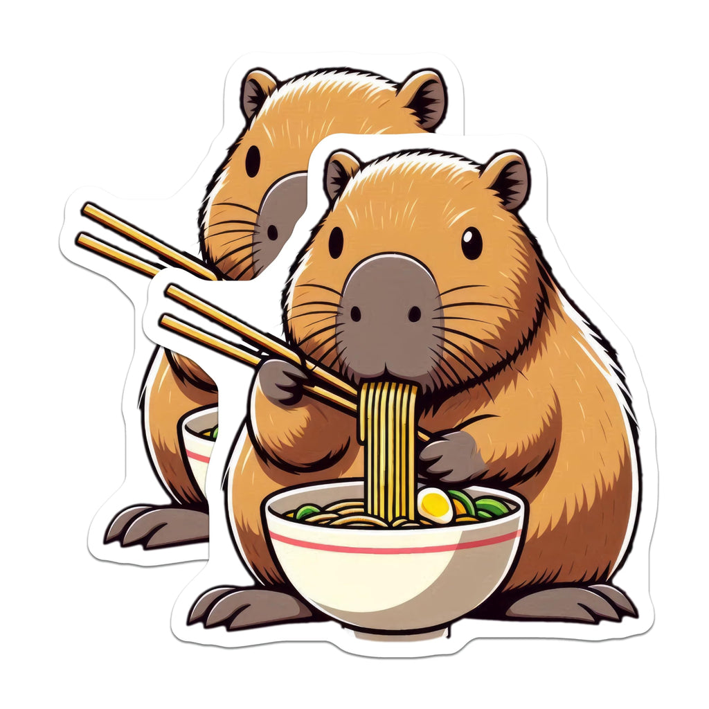 (2 Pack) Capybara Eating Noodles Stickers - Cute Animal Art - Foodie Capybara Illustration - 5" On Longest Side - Sticks to Smooth Flat Surfaces - Made in USA - BMCS9903
