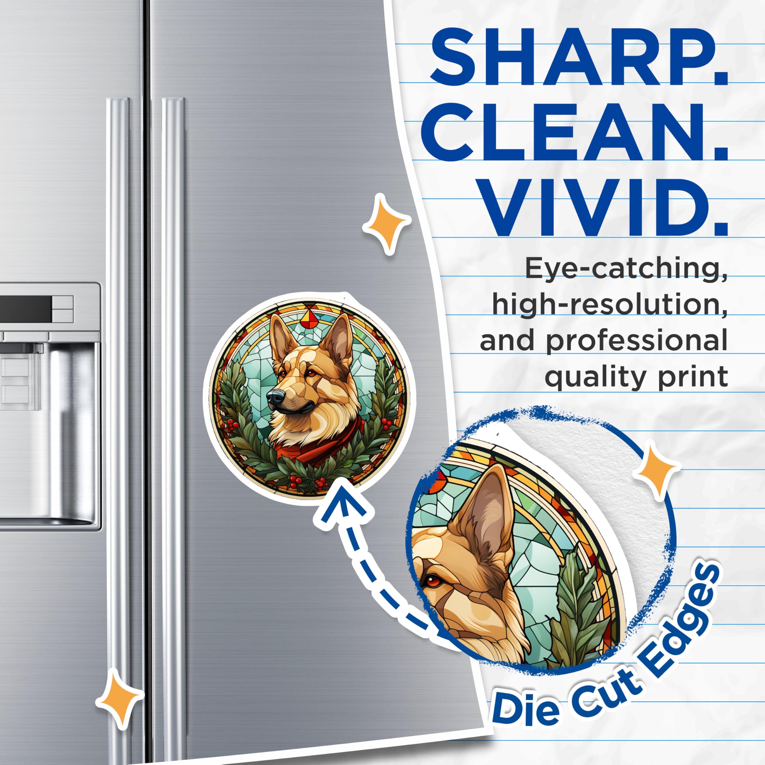 (2 Pack) Stained Glass German Shepherd Magnets - Holly Wreath Winter Dog Decor - Pet Owner Holiday Fridge Magnet - 5 Inches On Longest Side - Thick Durable Magnet - Made in USA - MAG30987