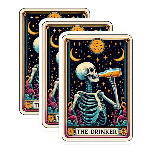 (3 Pack) The Drinker Decals - Skeleton Art Stickers - Tarot Card Decal for Laptop - 3 Inches On Longest Side - Easy Peel & Apply - Made in USA - 3MCS4163