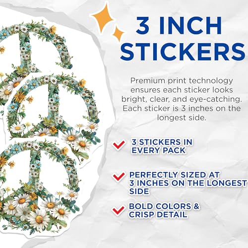 (3 Pack) Floral Peace Sign Decals - Flower Power Symbols - Hippie Aesthetic Decals - 3 Inches On Longest Side - Easy Peel & Apply - Made in USA - 3MCS7627