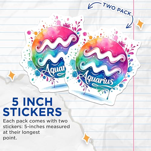 (2 Pack) Aquarius Stickers - Zodiac Sign Stickers - Astrology Stickers - 5" On Longest Side - Sticks to Smooth Flat Surfaces - Made in USA - BMCS7010