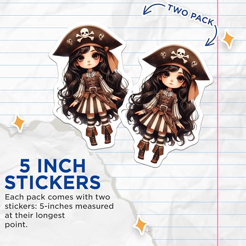 (2 Pack) Kawaii Pirate Girl Stickers - Cute Pirate Design - Anime Pirate Character Stickers - 5" On Longest Side - Sticks to Smooth Flat Surfaces - Made in USA - BMCS7263