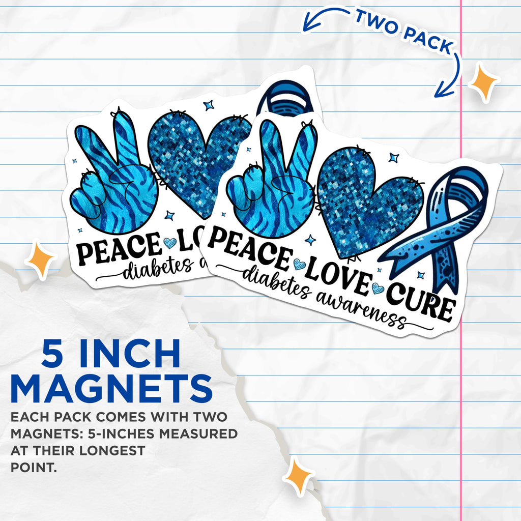 (2 Pack) Peace Love Cure Magnets - Diabetes Awareness Magnet - Blue Ribbon Magnet - 5" On Longest Side - for Cars, Fridges, Toolboxes - Made in USA - MAG3816