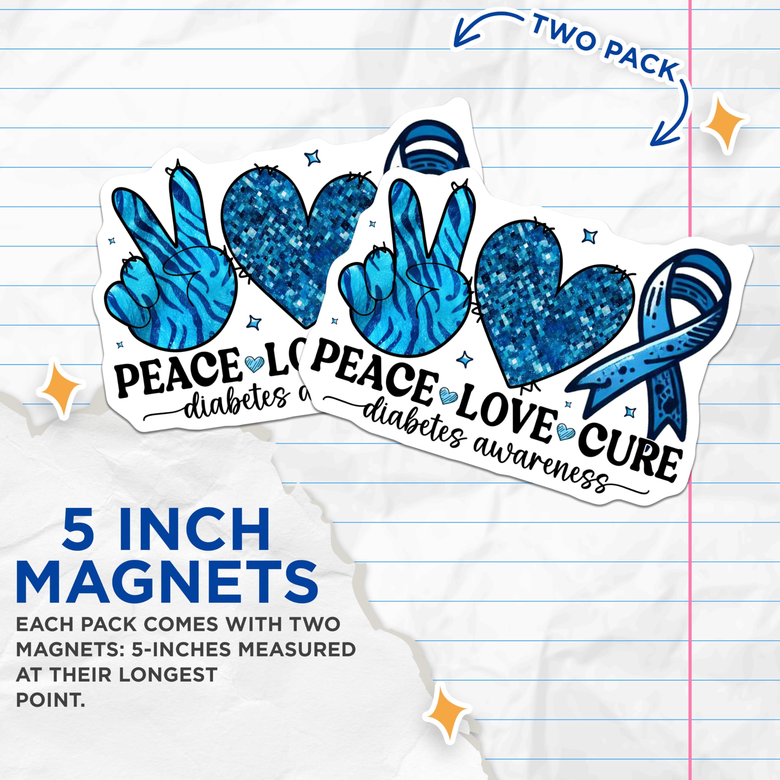 (2 Pack) Peace Love Cure Magnets - Diabetes Awareness Magnet - Blue Ribbon Magnet - 5" On Longest Side - for Cars, Fridges, Toolboxes - Made in USA - MAG3816