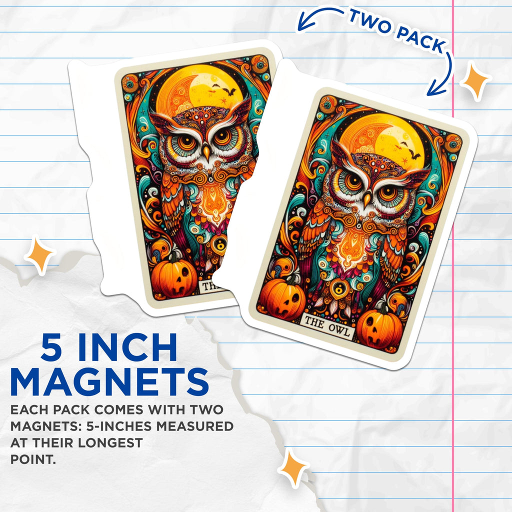 (2 Pack) Colorful Owl Magnets - Halloween Decor - Mystic Celestial Animal Art - Autumn Pumpkin Fridge Display - 5 Inches On Longest Side - Thick Durable Magnet - Made in USA - MAG22595