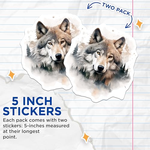 (2 Pack) Wolf Art Stickers - Wildlife Wolf Decals - Nature Animal Stickers - 5" On Longest Side - Sticks to Smooth Flat Surfaces - Made in USA - BMCS3804