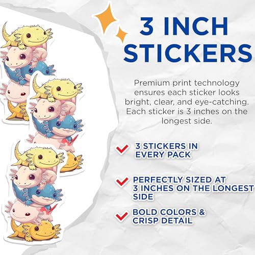 (3 Pack) Axolotl Stack Decals - Cute Salamander Decal - Laptop Decal - 3 Inches On Longest Side - Easy Peel & Apply - Made in USA - 3MCS6551