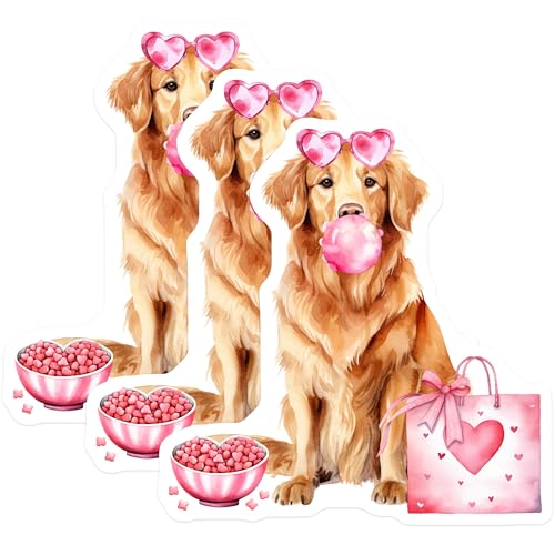 (3 Pack) Golden Retriever Decals - Heart Glasses Dog - Bubble Gum Laptop Decals - 3 Inches On Longest Side - Easy Peel & Apply - Made in USA - 3MCS2256