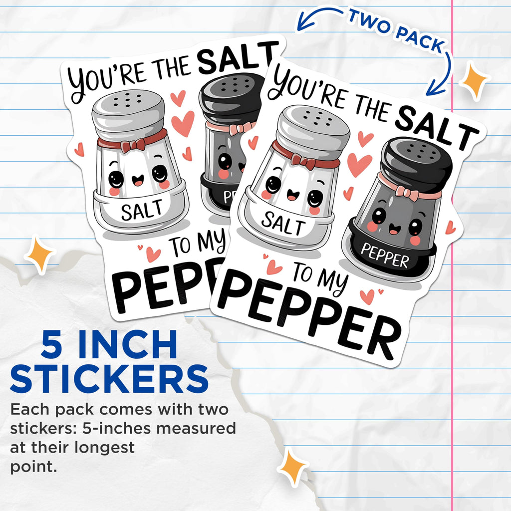 (2 Pack) Cute Salt and Pepper Stickers - Adorable Food Stickers - Fun Couples Stickers - 5" On Longest Side - Sticks to Smooth Flat Surfaces - Made in USA - BMCS5291