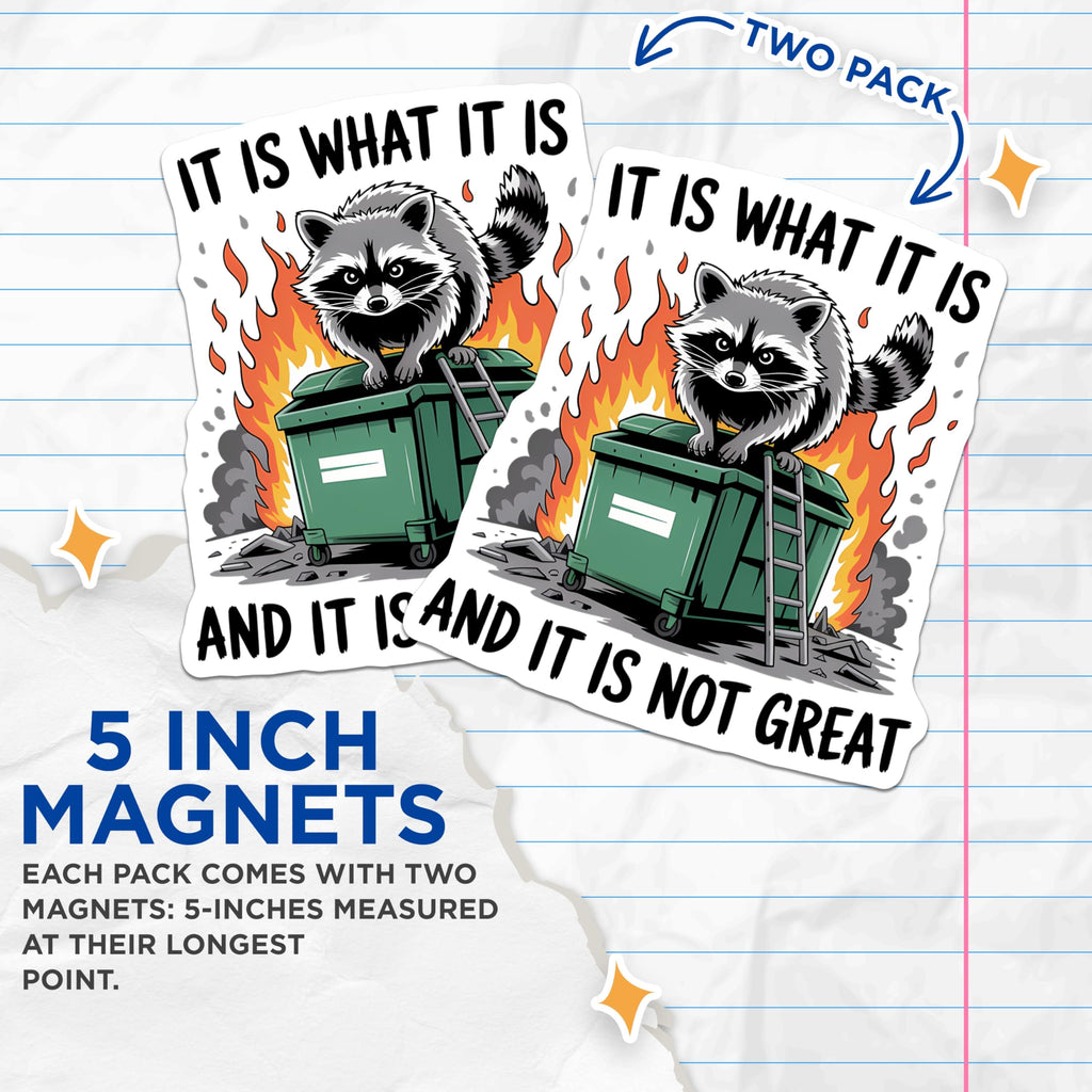 (2 Pack) Raccoon Dumpster Fire Magnets - It is What It is Meme - Funny Animal Kitchen Decor - 5 Inches On Longest Side - Thick Durable Magnet - Made in USA - MAG22419