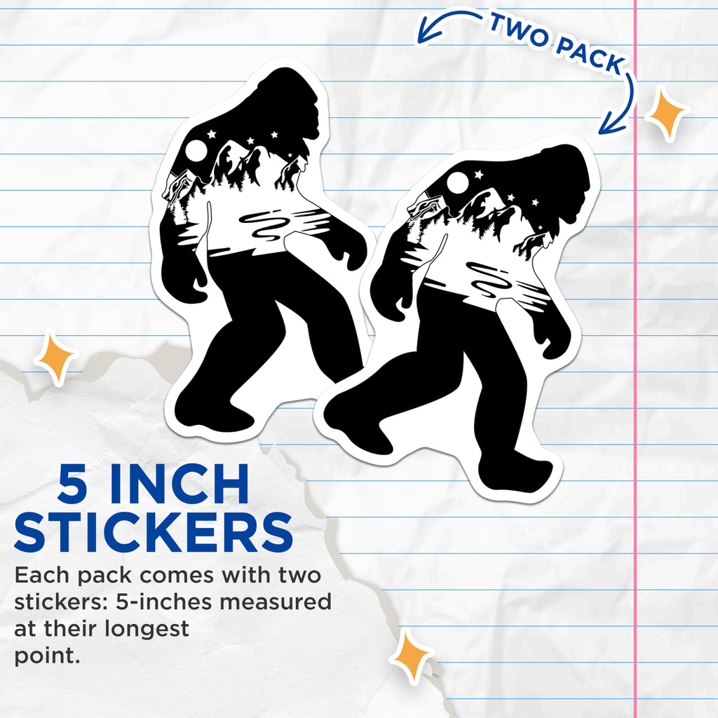 (2 Pack) Bigfoot Stickers - Sasquatch Cryptid Decal - Mountain Lake Forest Night Sky Outdoor Explorer Vinyl Graphic - 5" On Longest Side - Sticks to Smooth Flat Surfaces - Made in USA - BMCS21333